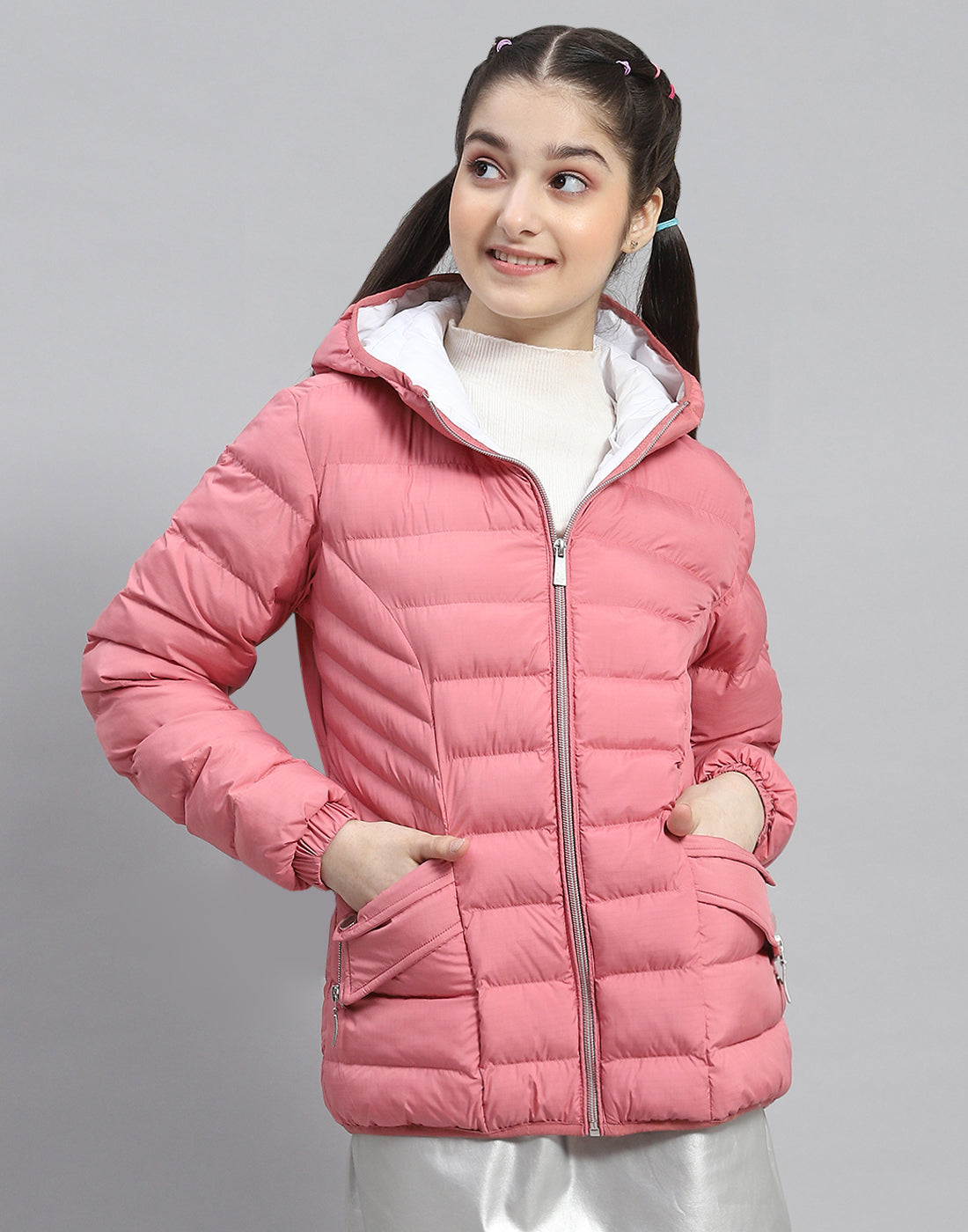 Girls Pink Solid Hooded Full Sleeve Girls Jacket