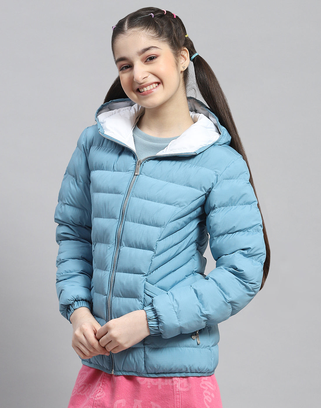 Girls Turquoise Blue Solid Hooded Full Sleeve Girls Jacket