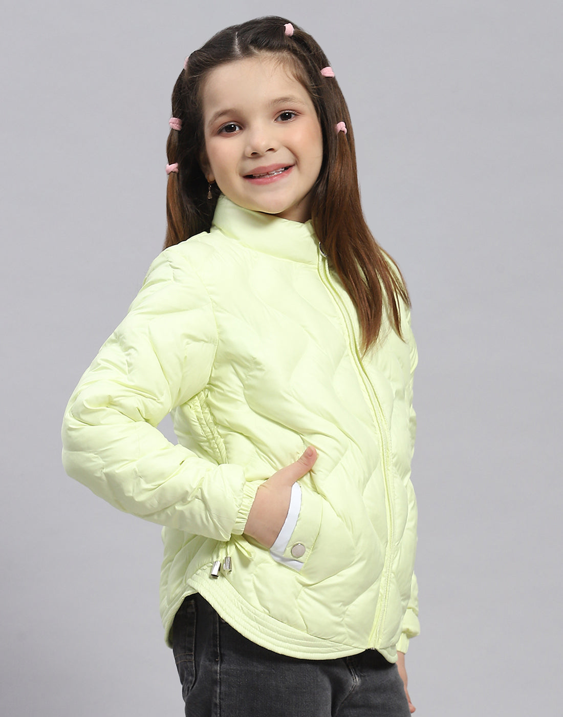 Girls Green Check Stand Collar Full Sleeve Girls Jacket