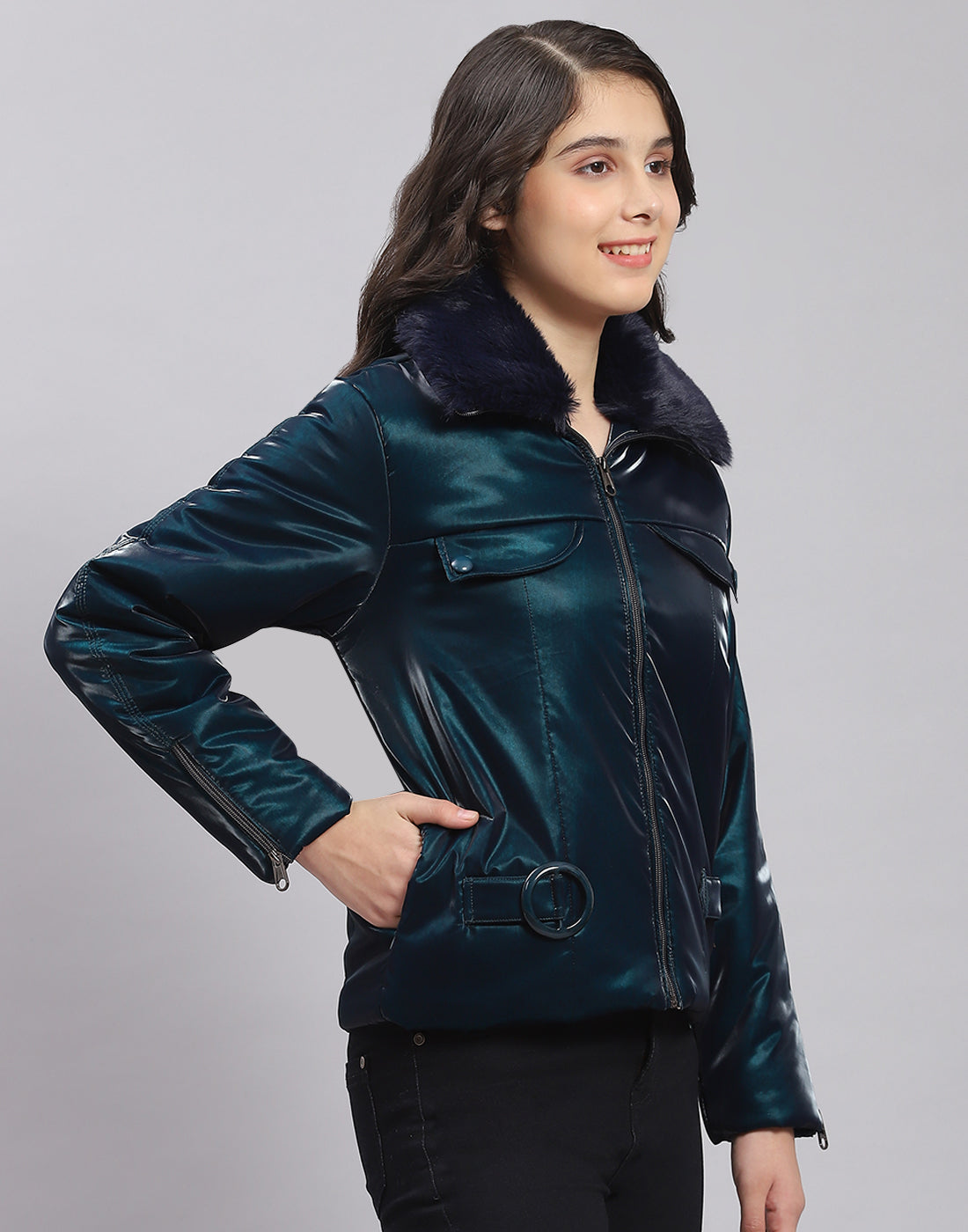 Girls Teal Blue Solid Collar Full Sleeve Girls Jacket