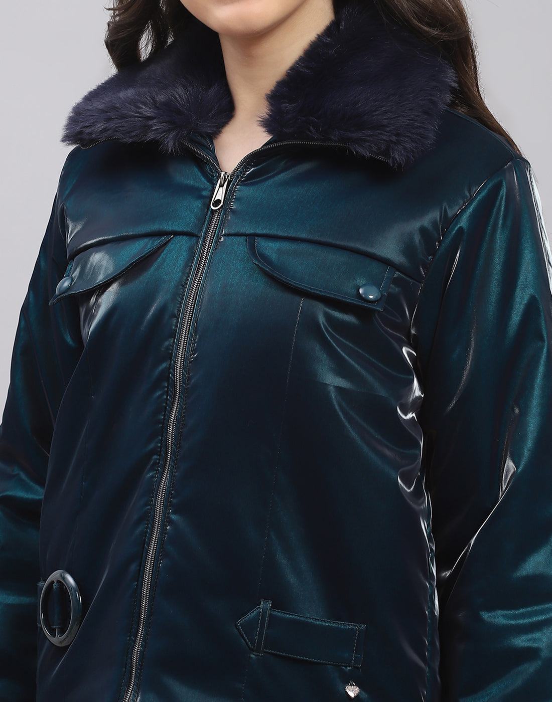 Girls Teal Blue Solid Collar Full Sleeve Girls Jacket