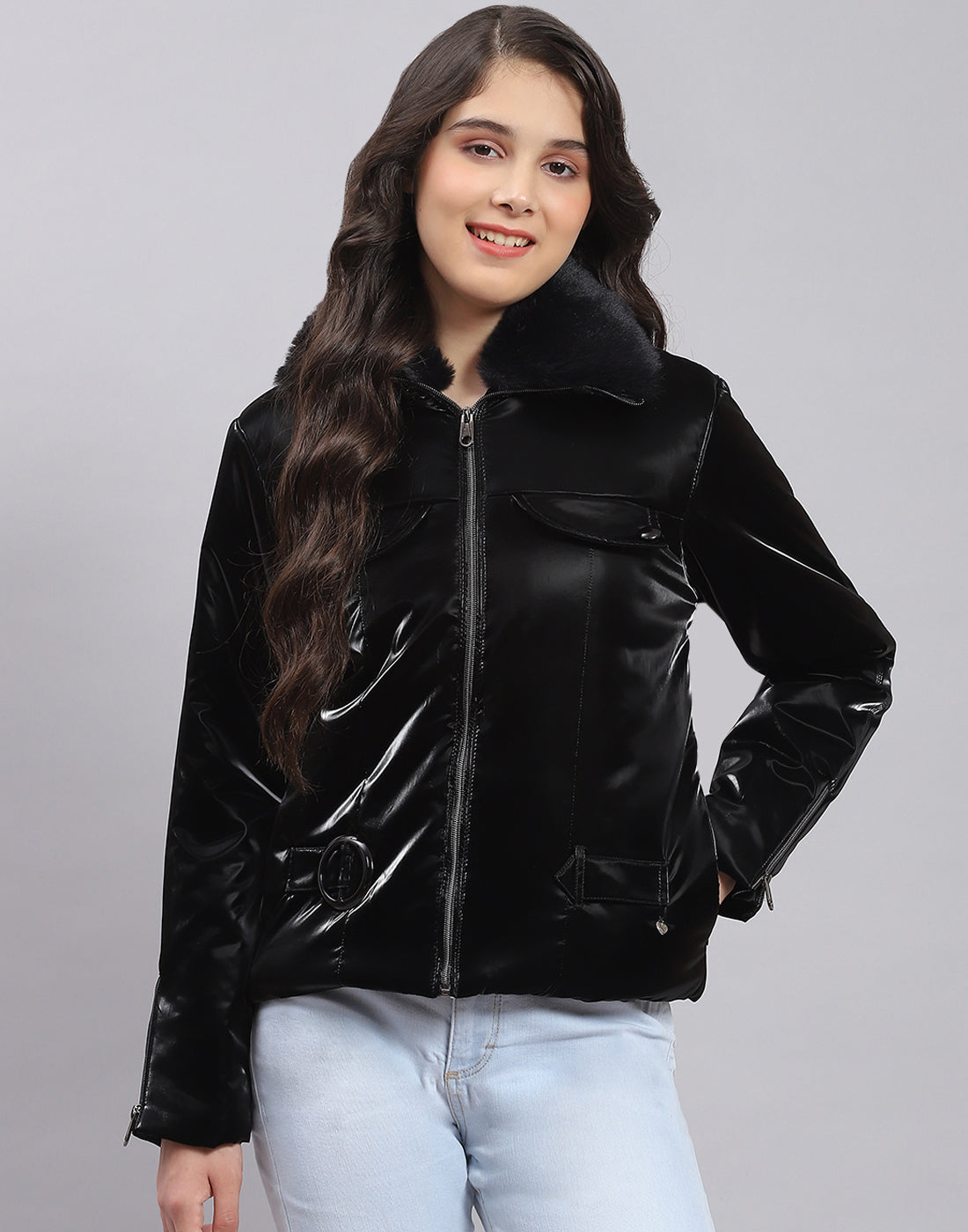 Girls Black Solid Collar Full Sleeve Girls Jacket