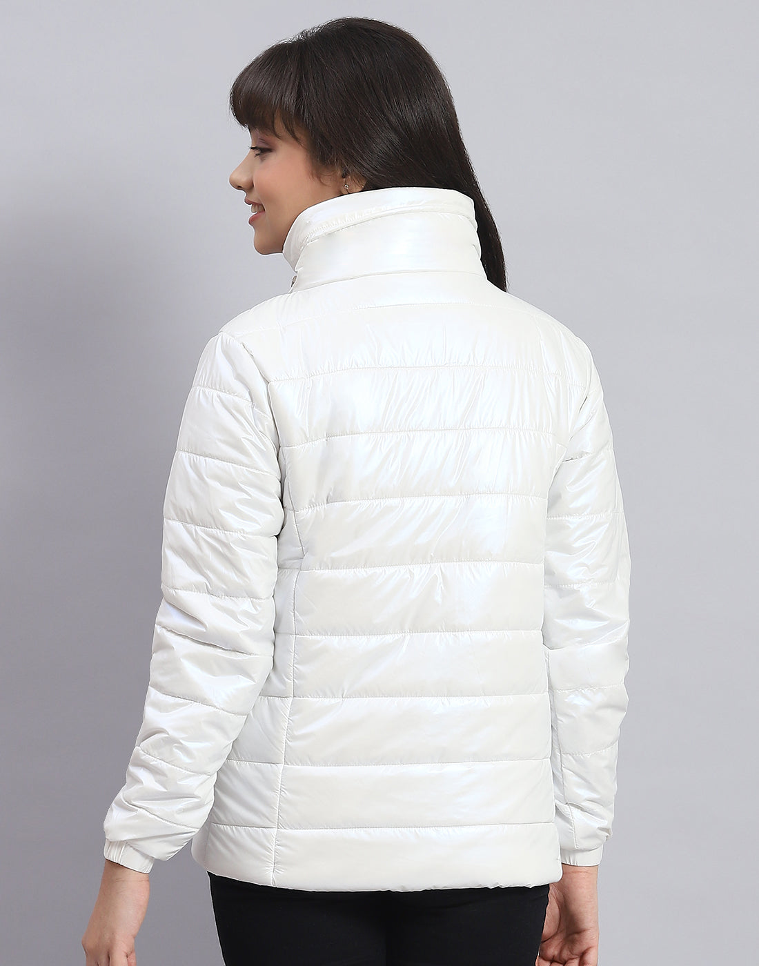 Girls Off White Solid Stand Collar Full Sleeve Girls Jacket