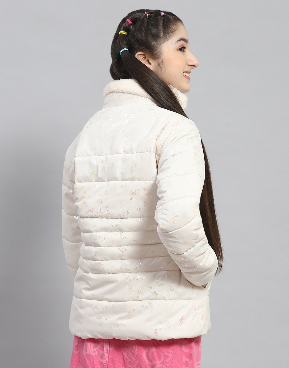 Girls Off White Solid Stand Collar Full Sleeve Girls Jacket