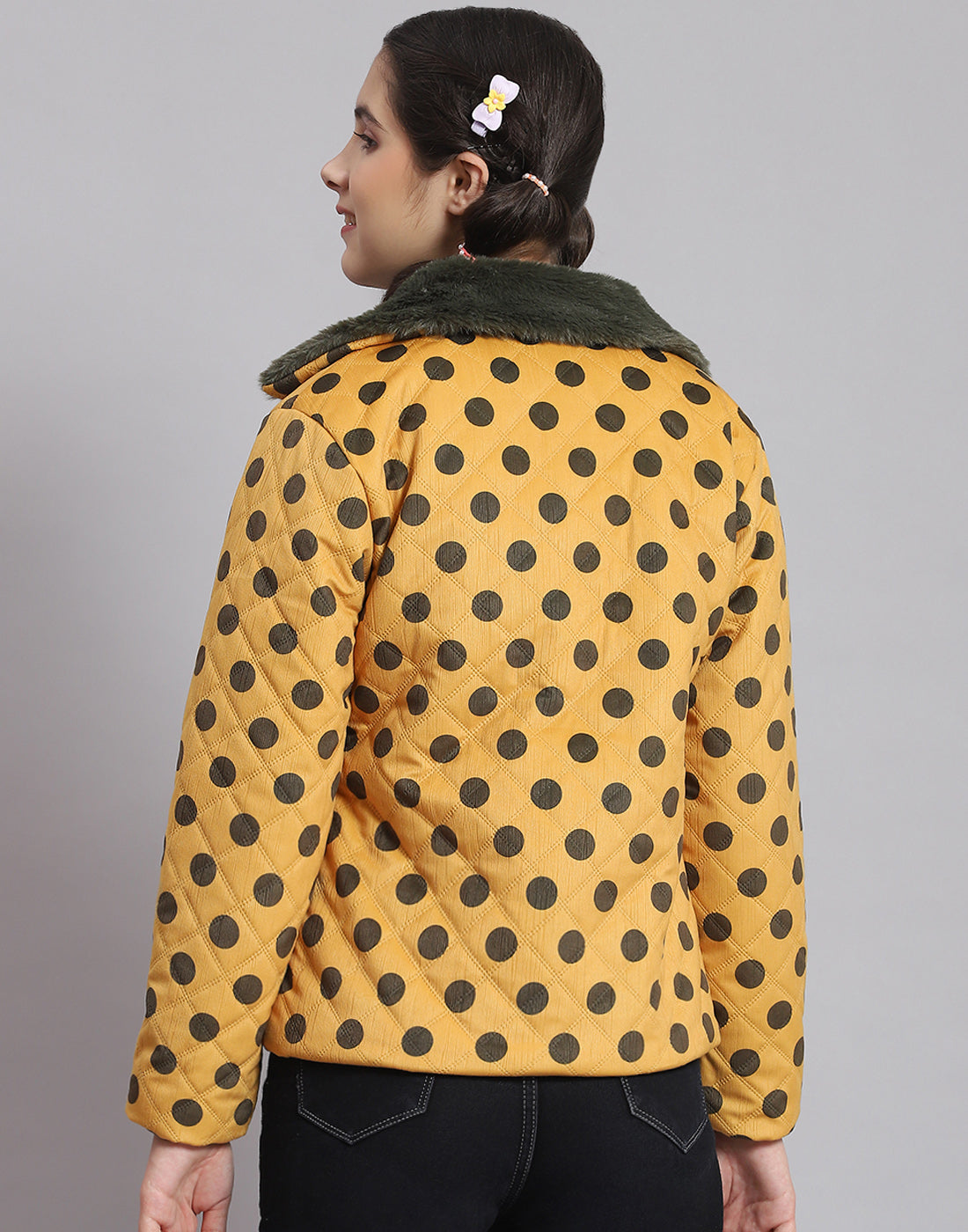 Girls Mustard Polka Dots Lapel Collar Full Sleeve Girls Jacket
