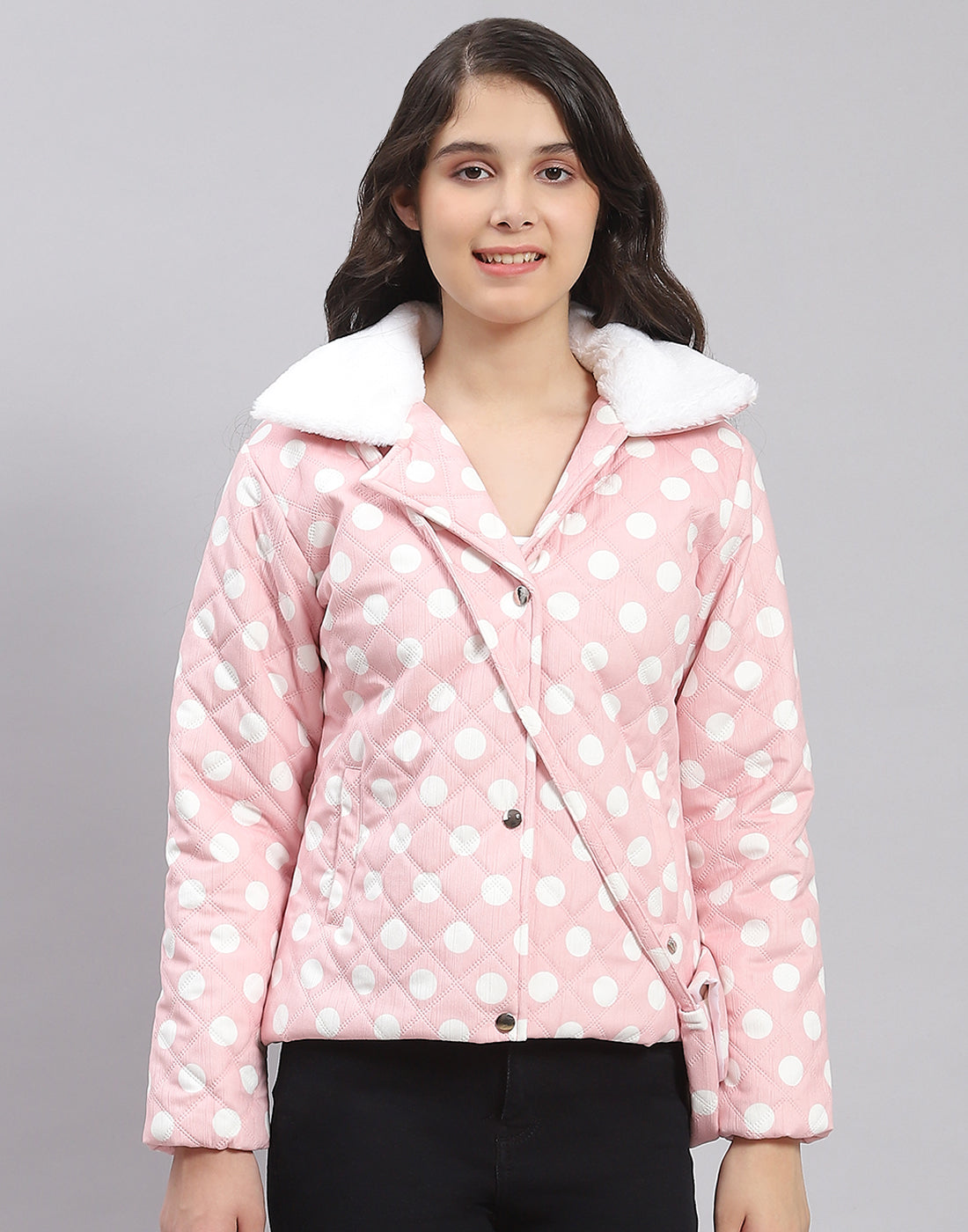 Girls Pink Polka Dots Lapel Collar Full Sleeve Girls Jacket
