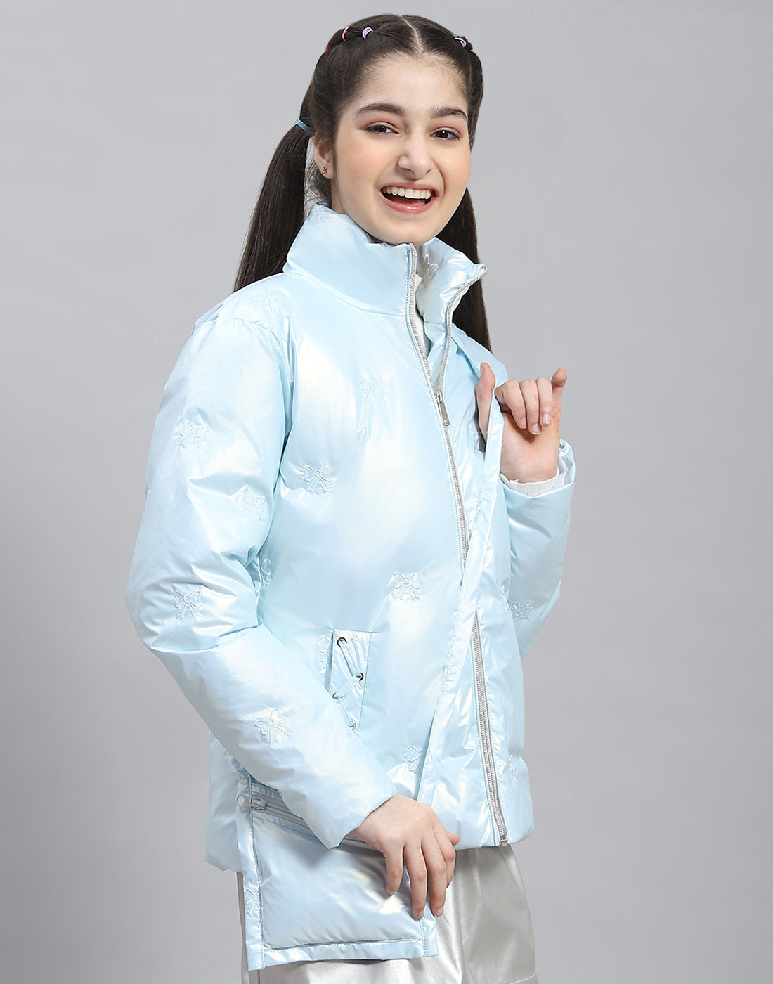 Girls Blue Embroidered Stand Collar Full Sleeve Girls Jacket
