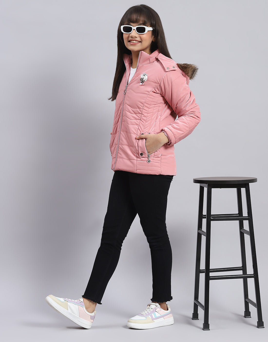Girls Pink Printed Hooded Full Sleeve Girls Jacket