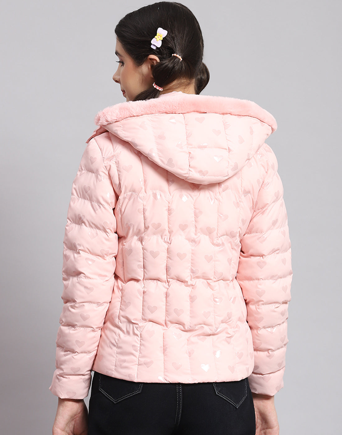 Girls Pink Printed Hooded Full Sleeve Girls Jacket