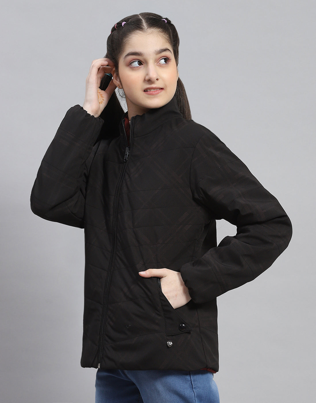 Girls Black Solid Stand Collar Full Sleeve Reversible Jacket