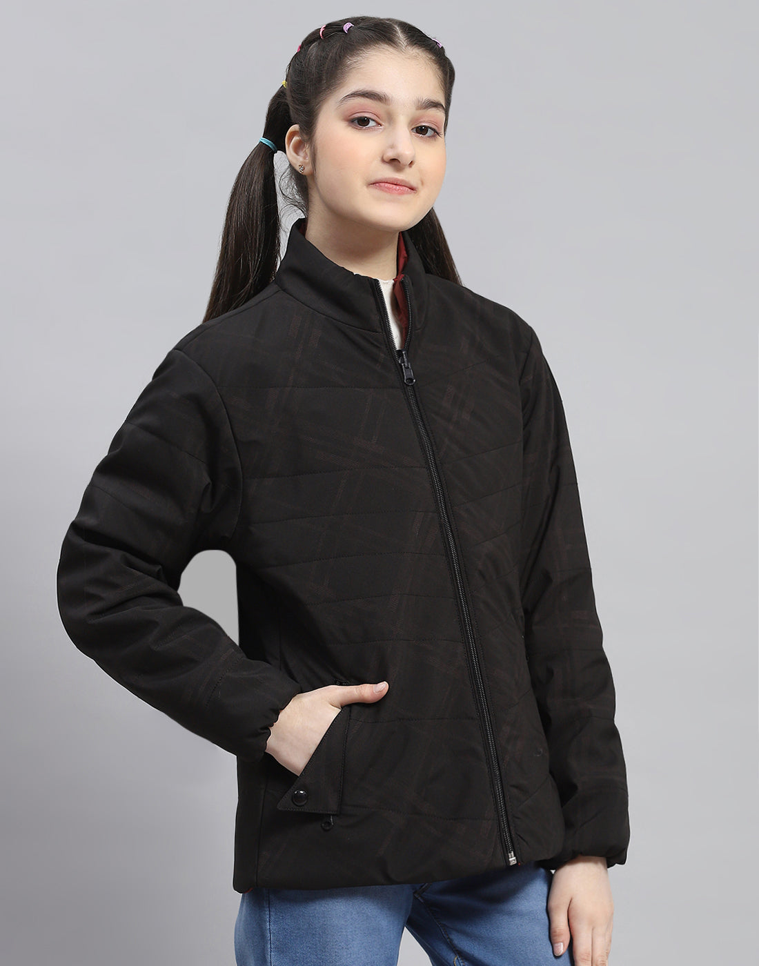 Girls Black Solid Stand Collar Full Sleeve Reversible Jacket