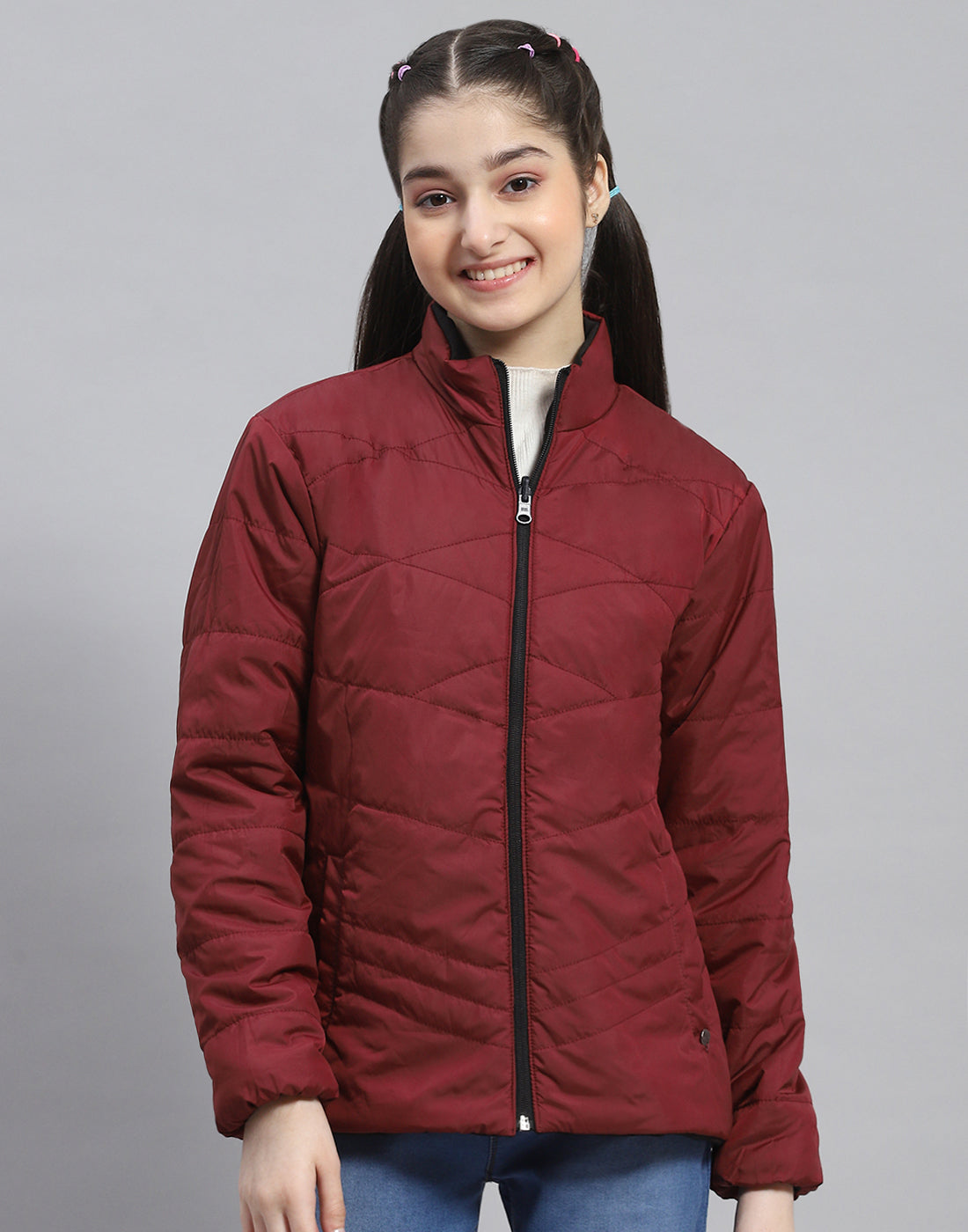 Girls Black Solid Stand Collar Full Sleeve Reversible Jacket