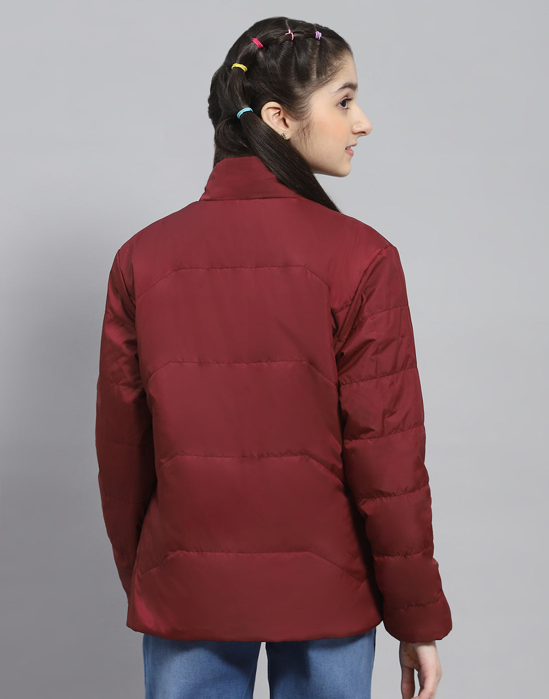 Girls Black Solid Stand Collar Full Sleeve Reversible Jacket