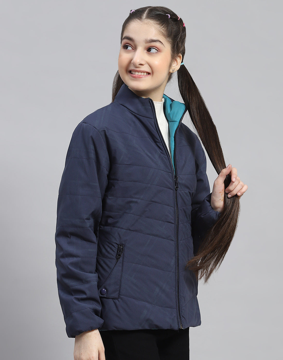 Girls Navy Blue Solid Stand Collar Full Sleeve Reversible Jacket