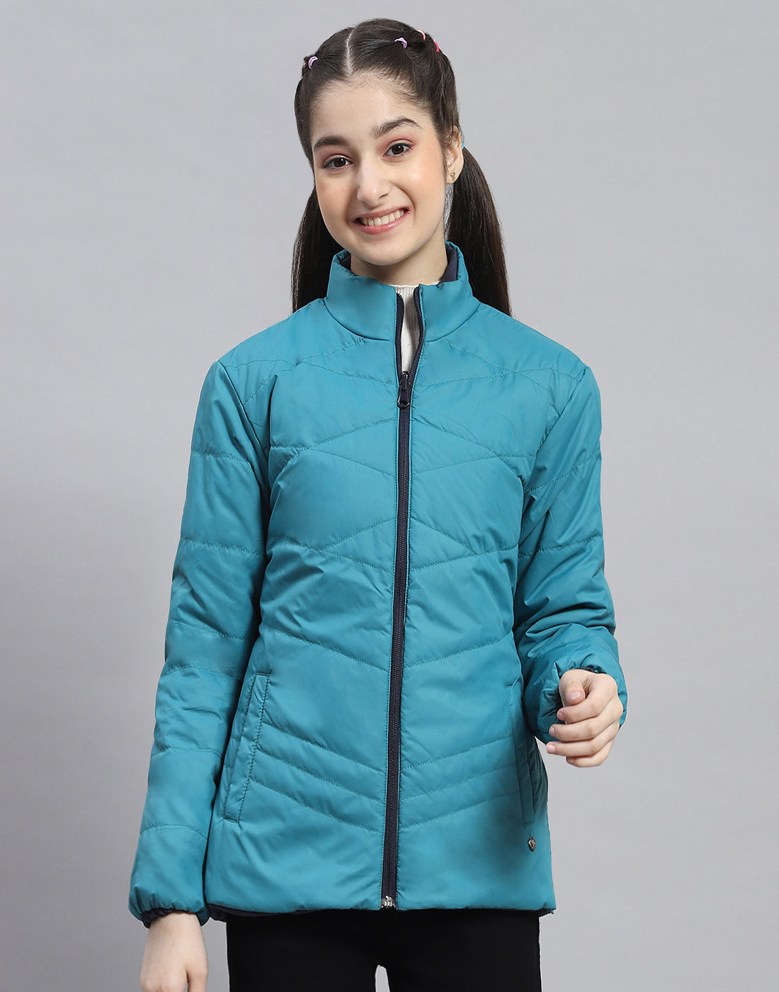 Girls Navy Blue Solid Stand Collar Full Sleeve Reversible Jacket