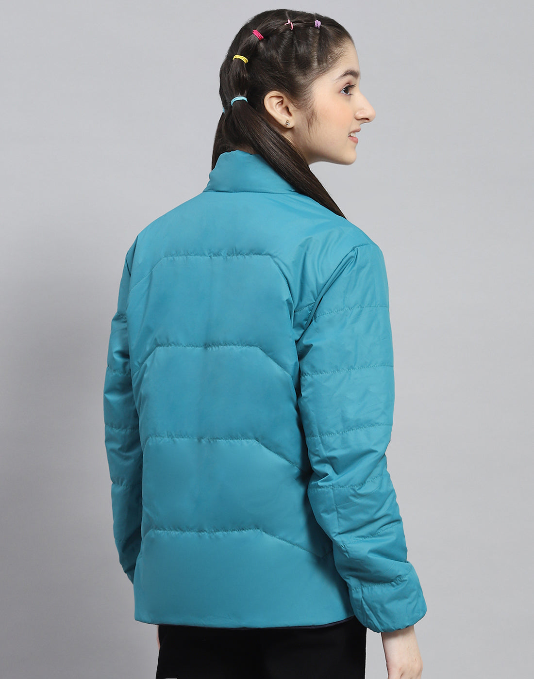 Girls Navy Blue Solid Stand Collar Full Sleeve Reversible Jacket