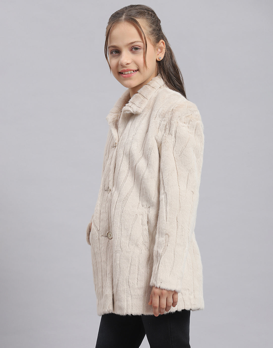Girls Beige Self Design Collar Full Sleeve Coat