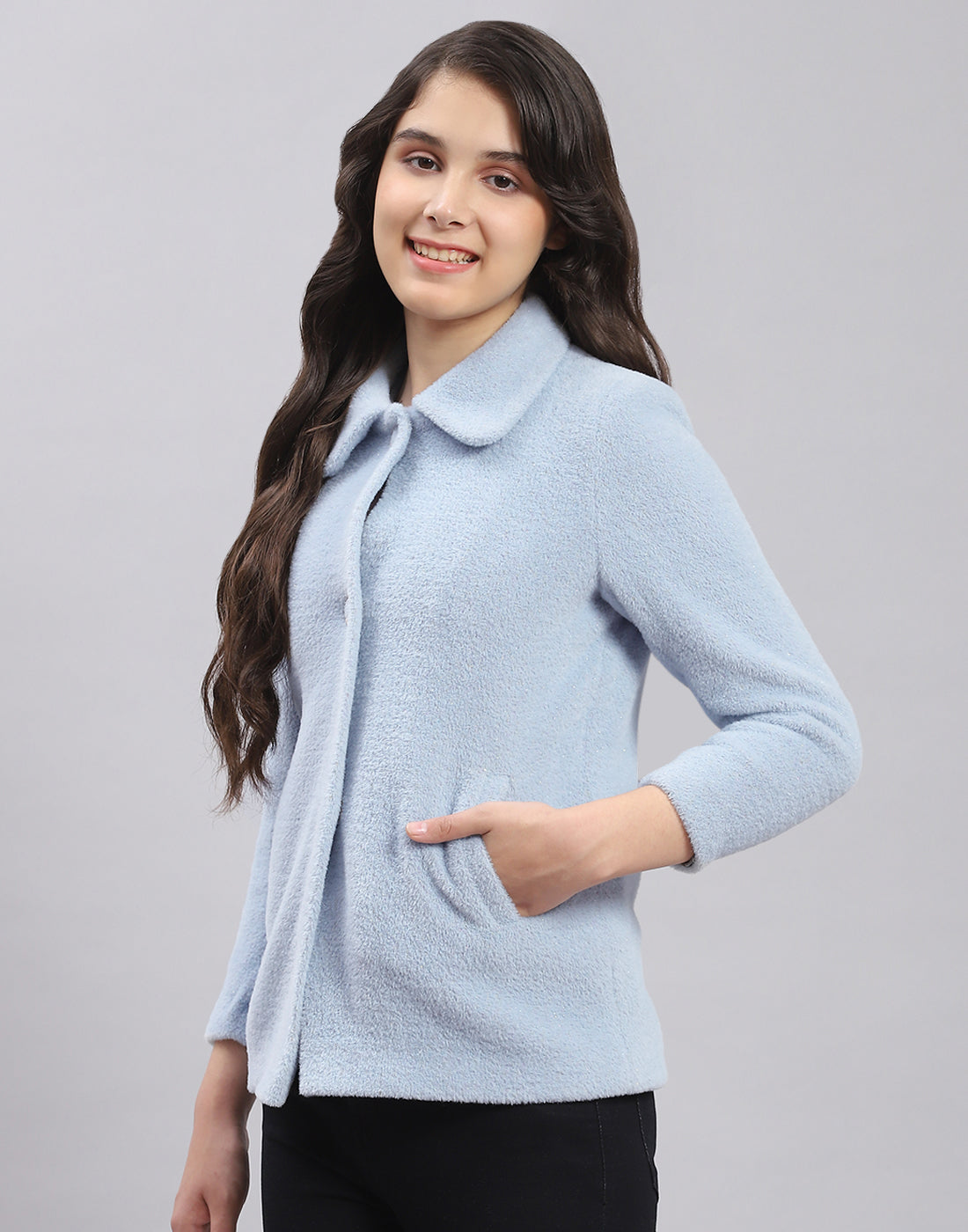 Girls Blue Solid Collar Full Sleeve Coat