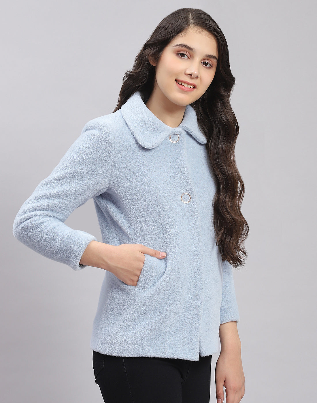 Girls Blue Solid Collar Full Sleeve Coat