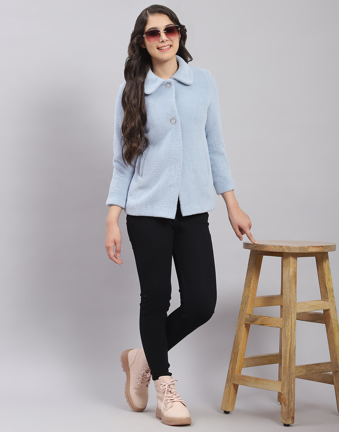 Girls Blue Solid Collar Full Sleeve Coat