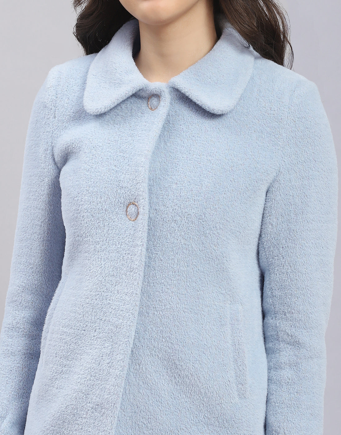 Girls Blue Solid Collar Full Sleeve Coat