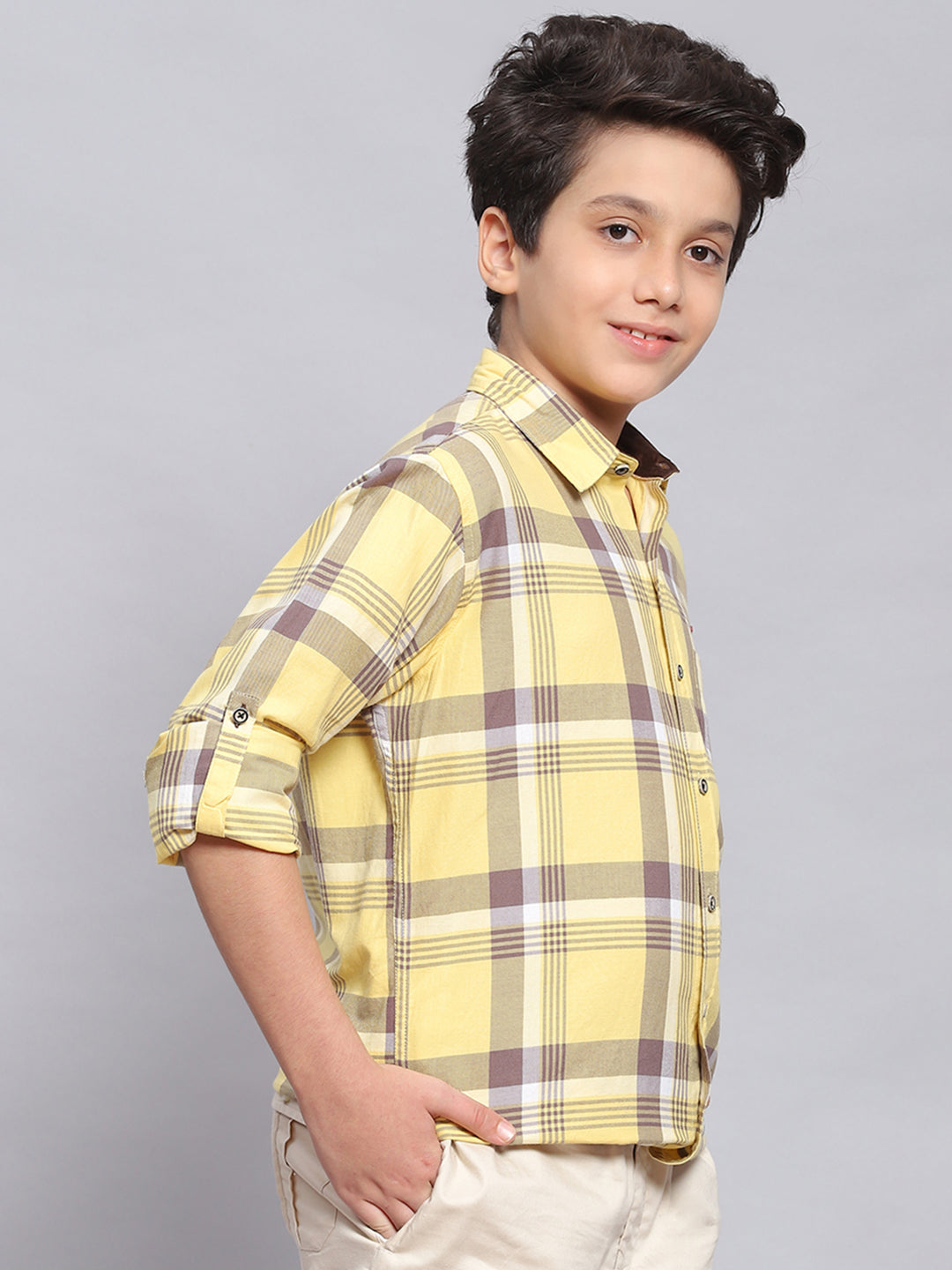 Boys Yellow Check Spread Collar Full Sleeve Shirts
