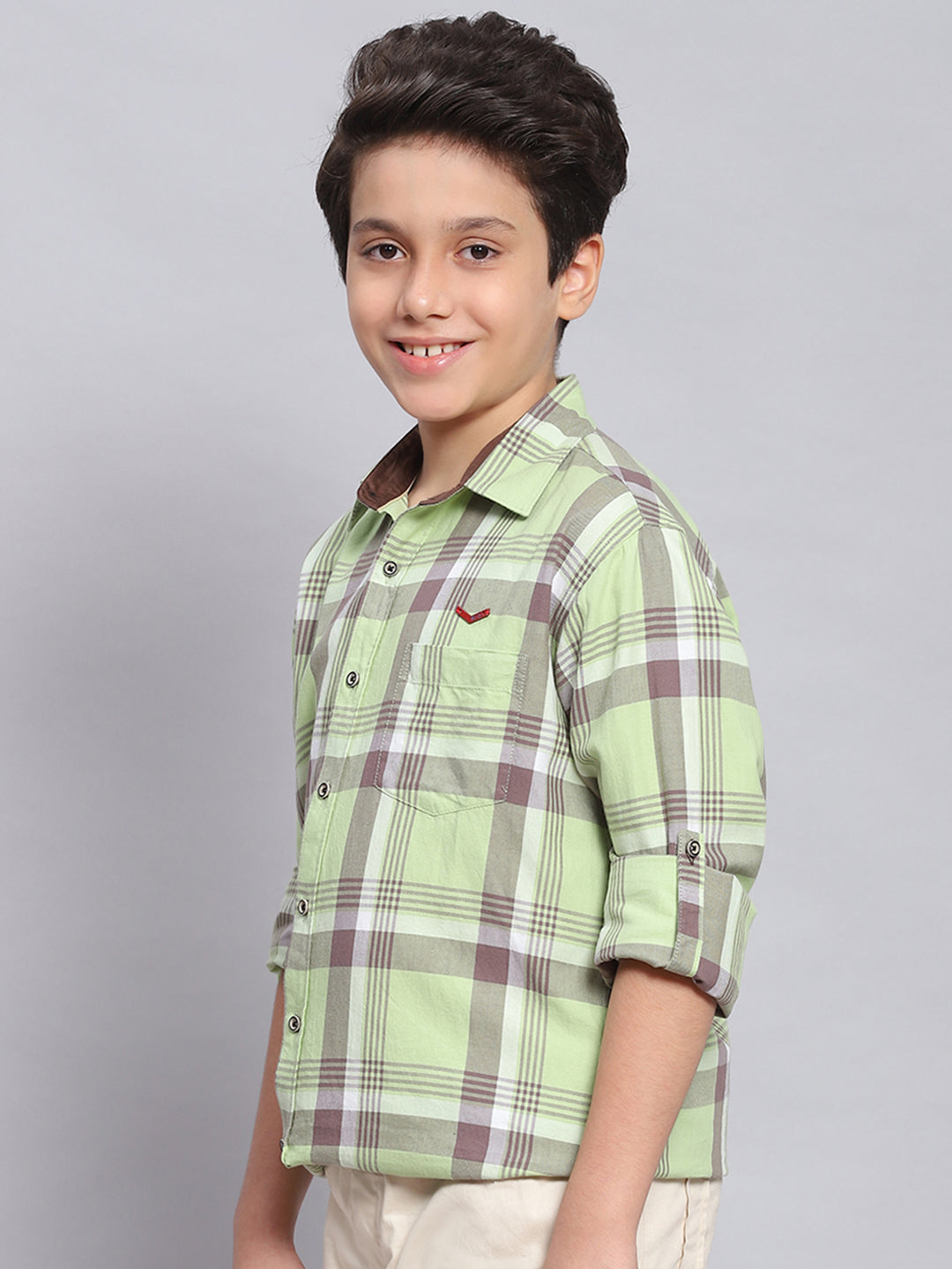 Boys Green Check Spread Collar Full Sleeve Shirts