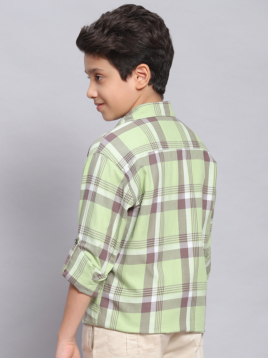 Boys Green Check Spread Collar Full Sleeve Shirts