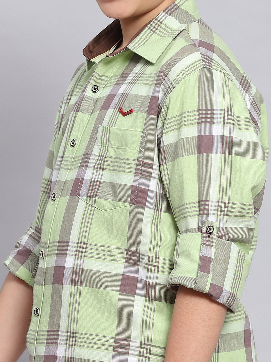 Boys Green Check Spread Collar Full Sleeve Shirts