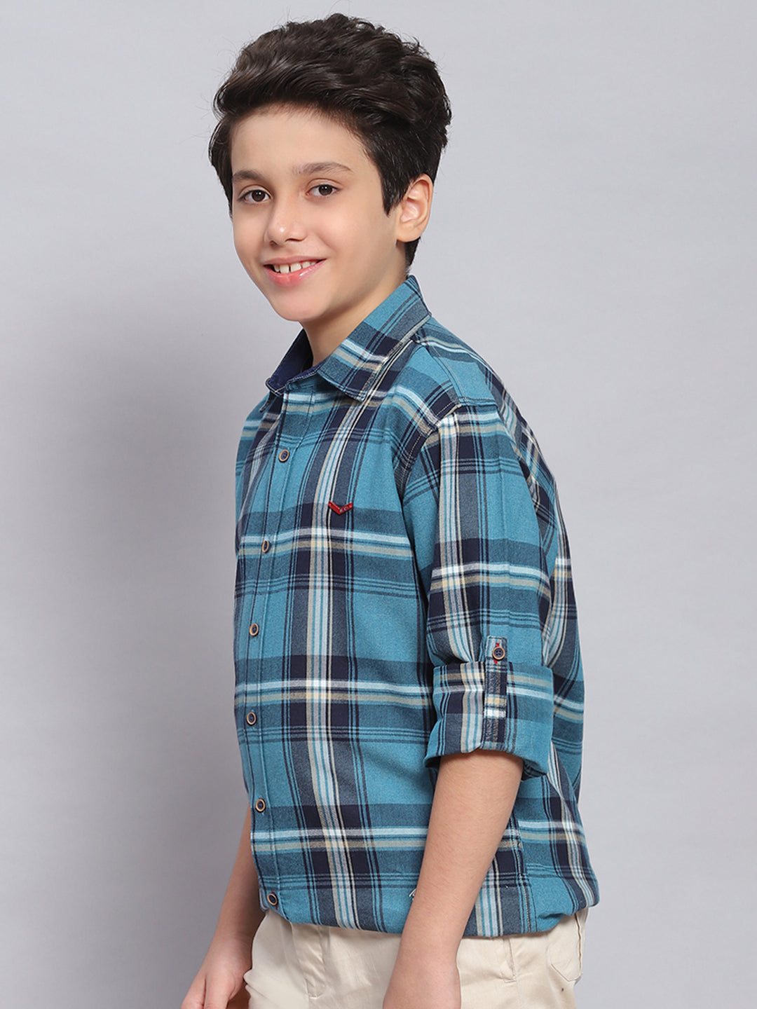 Boys Blue Check Spread Collar Full Sleeve Shirts