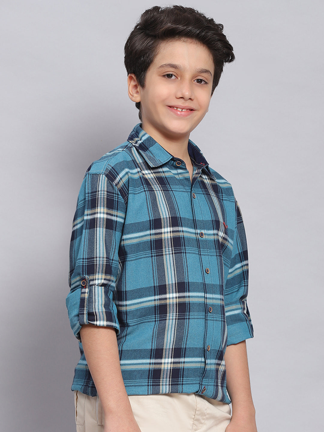 Boys Blue Check Spread Collar Full Sleeve Shirts