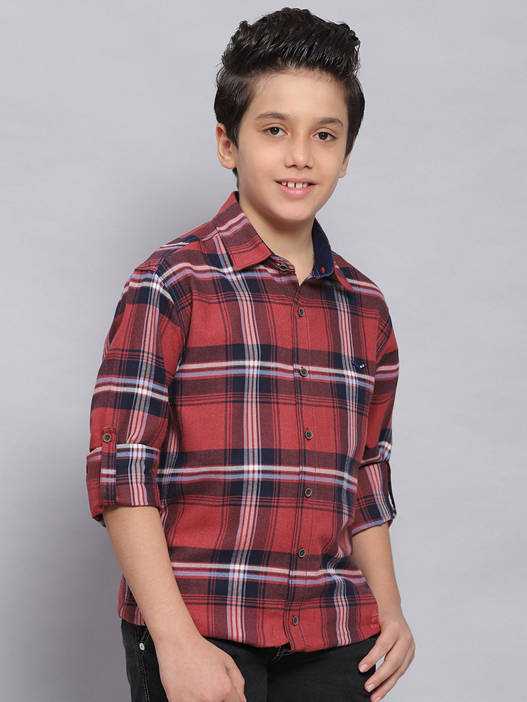Boys Red Check Spread Collar Full Sleeve Shirts