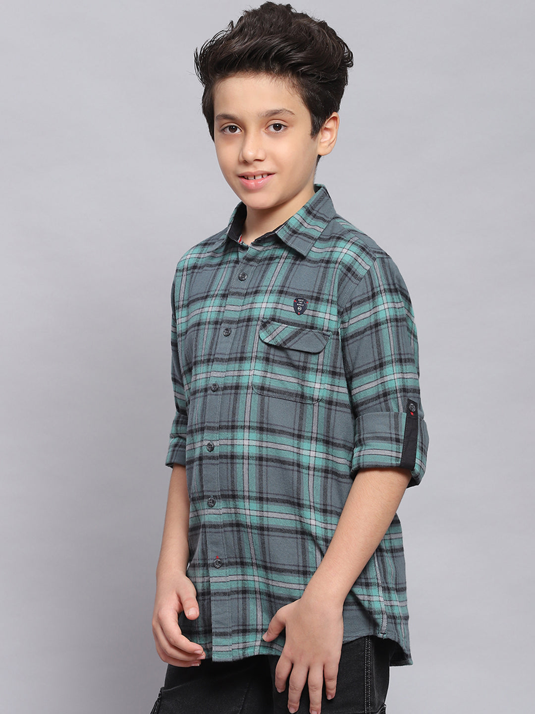 Boys Green Check Spread Collar Full Sleeve Shirts
