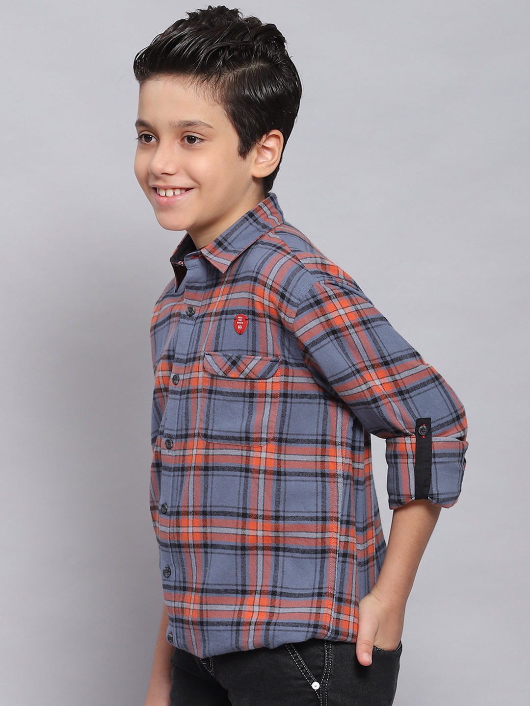 Boys Orange Check Spread Collar Full Sleeve Shirts