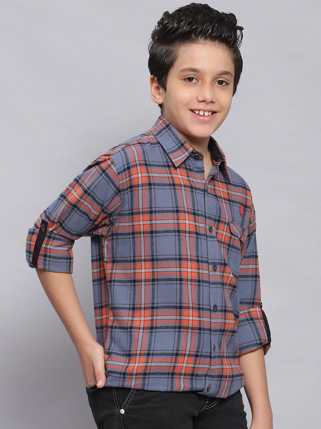 Boys Orange Check Spread Collar Full Sleeve Shirts