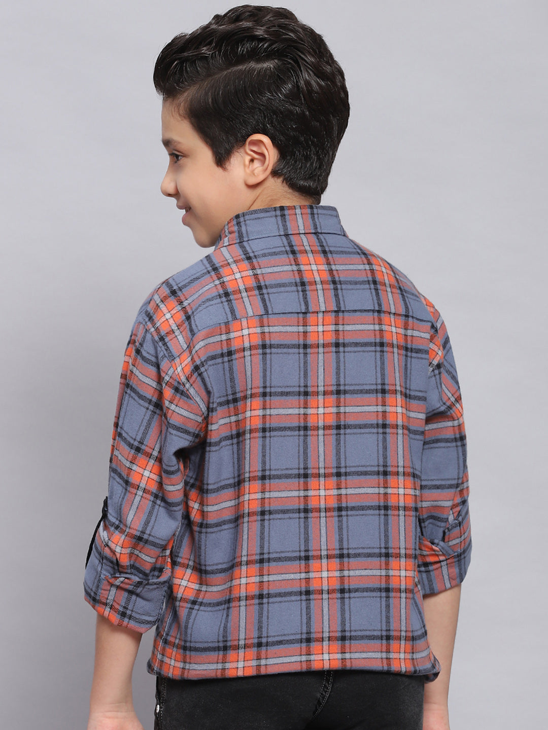 Boys Orange Check Spread Collar Full Sleeve Shirts