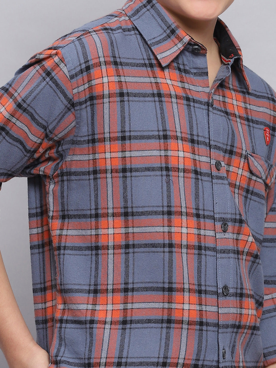 Boys Orange Check Spread Collar Full Sleeve Shirts