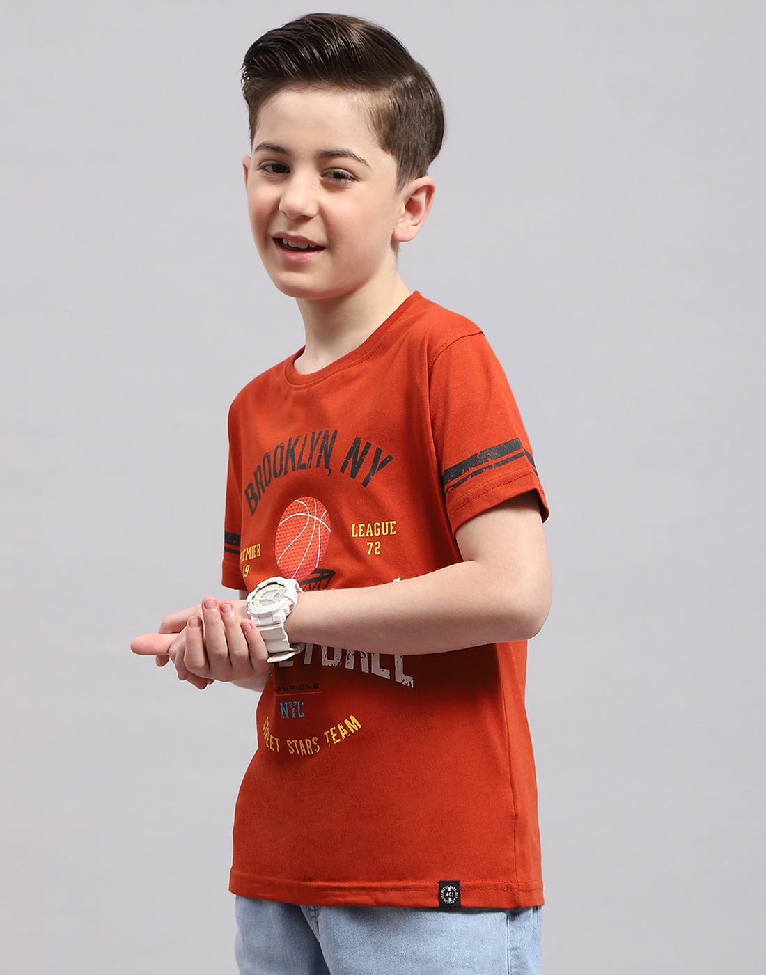 Boys Rust Printed Round Neck Half Sleeve T-Shirt