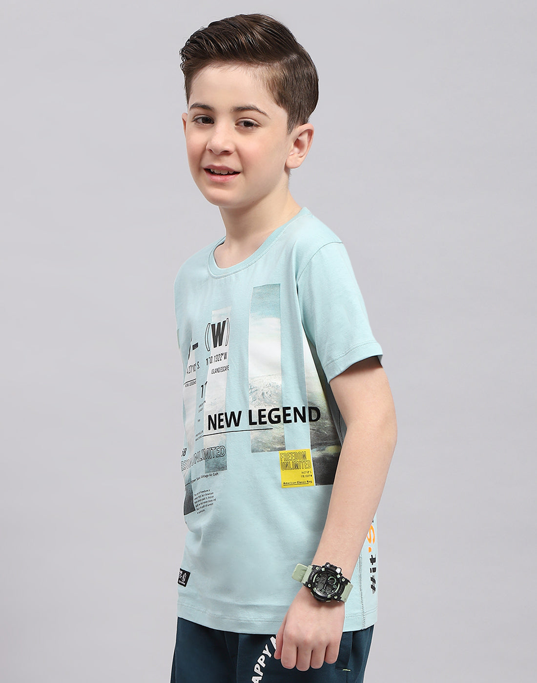 Boys Turquoise Blue Printed Round Neck Half Sleeve T-Shirt
