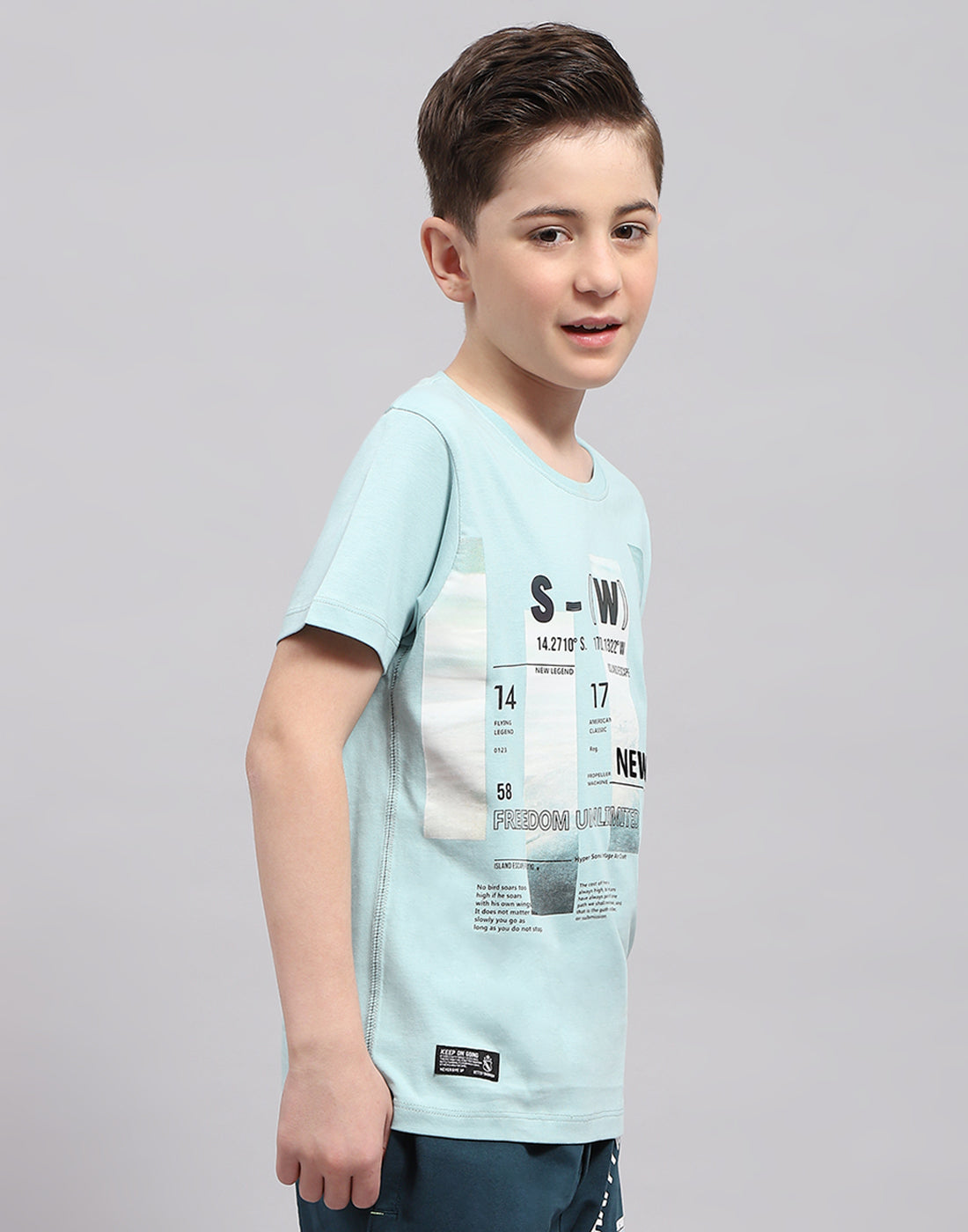 Boys Turquoise Blue Printed Round Neck Half Sleeve T-Shirt