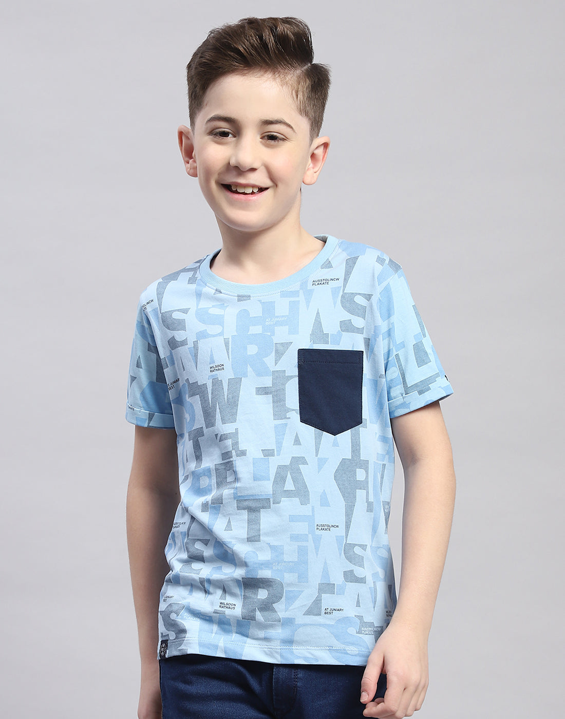 Boys Blue Printed Round Neck Half Sleeve T-Shirt