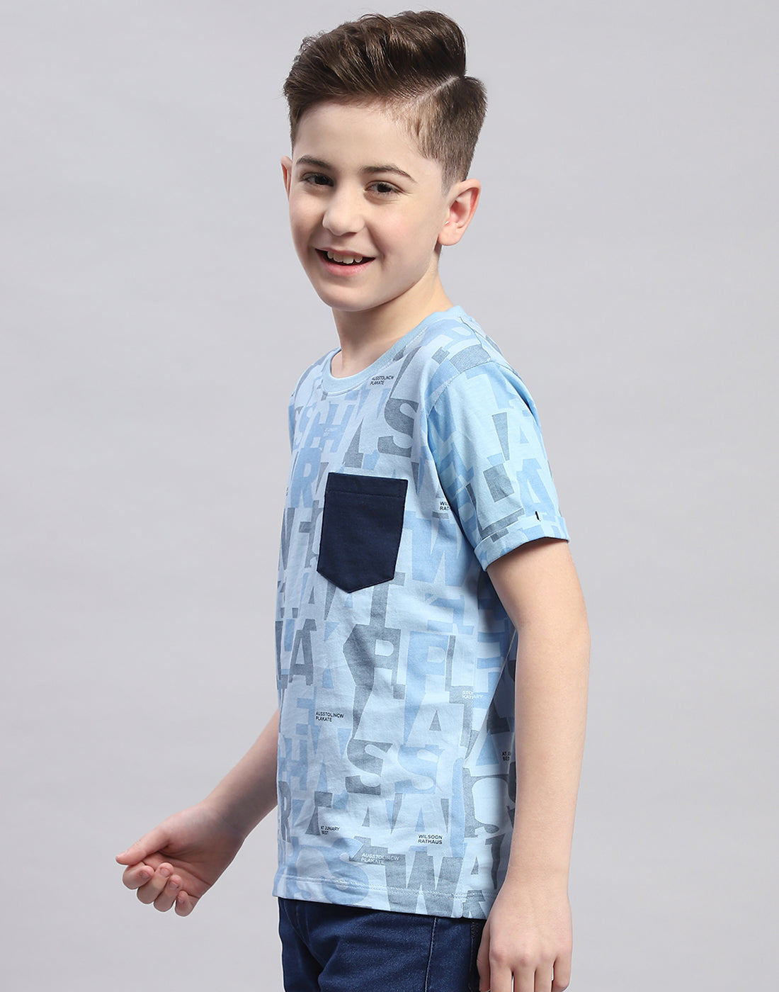 Boys Blue Printed Round Neck Half Sleeve T-Shirt