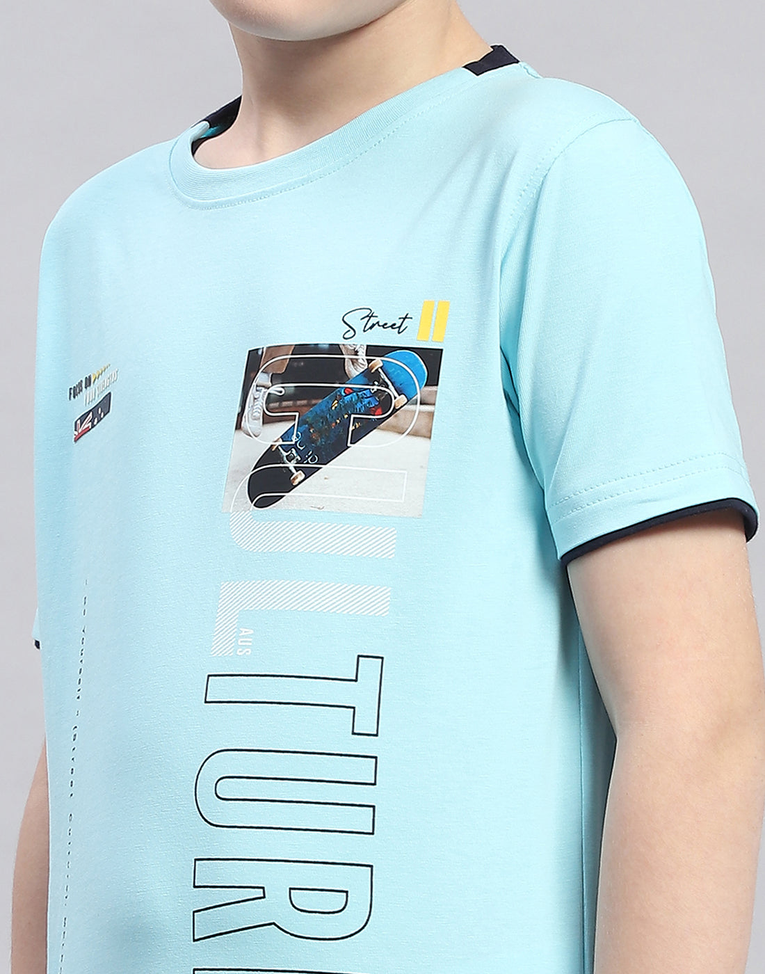 Boys Turquoise Blue Printed Round Neck Half Sleeve T-Shirt