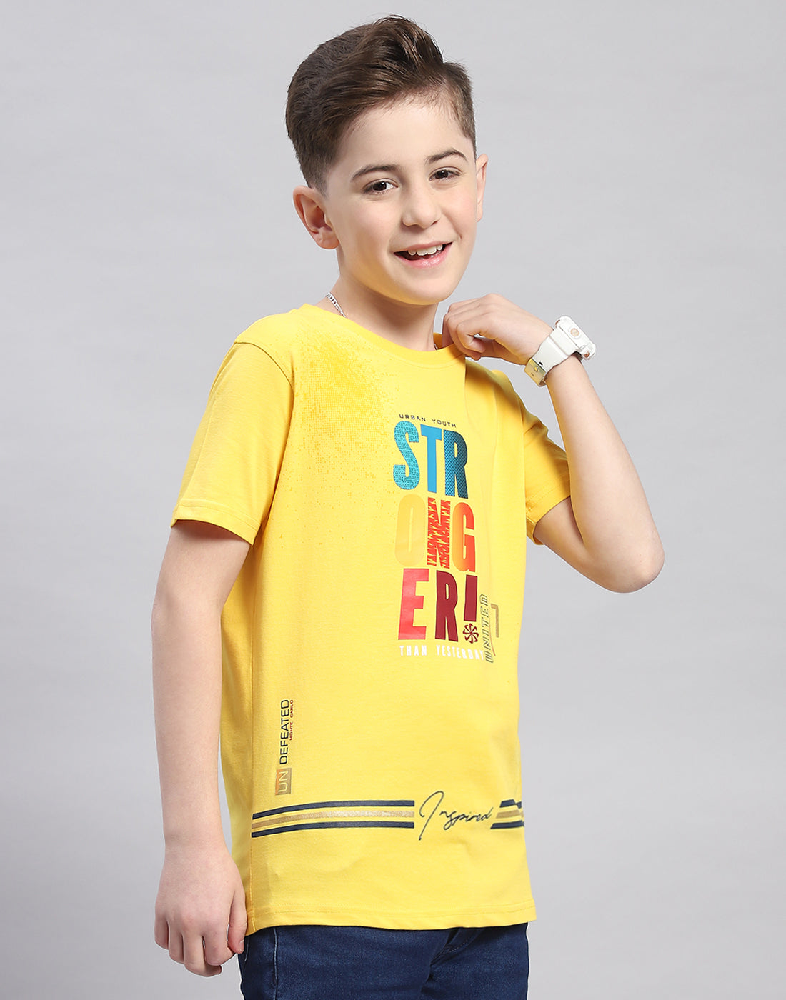 Boys Yellow Printed Round Neck Half Sleeve T-Shirt