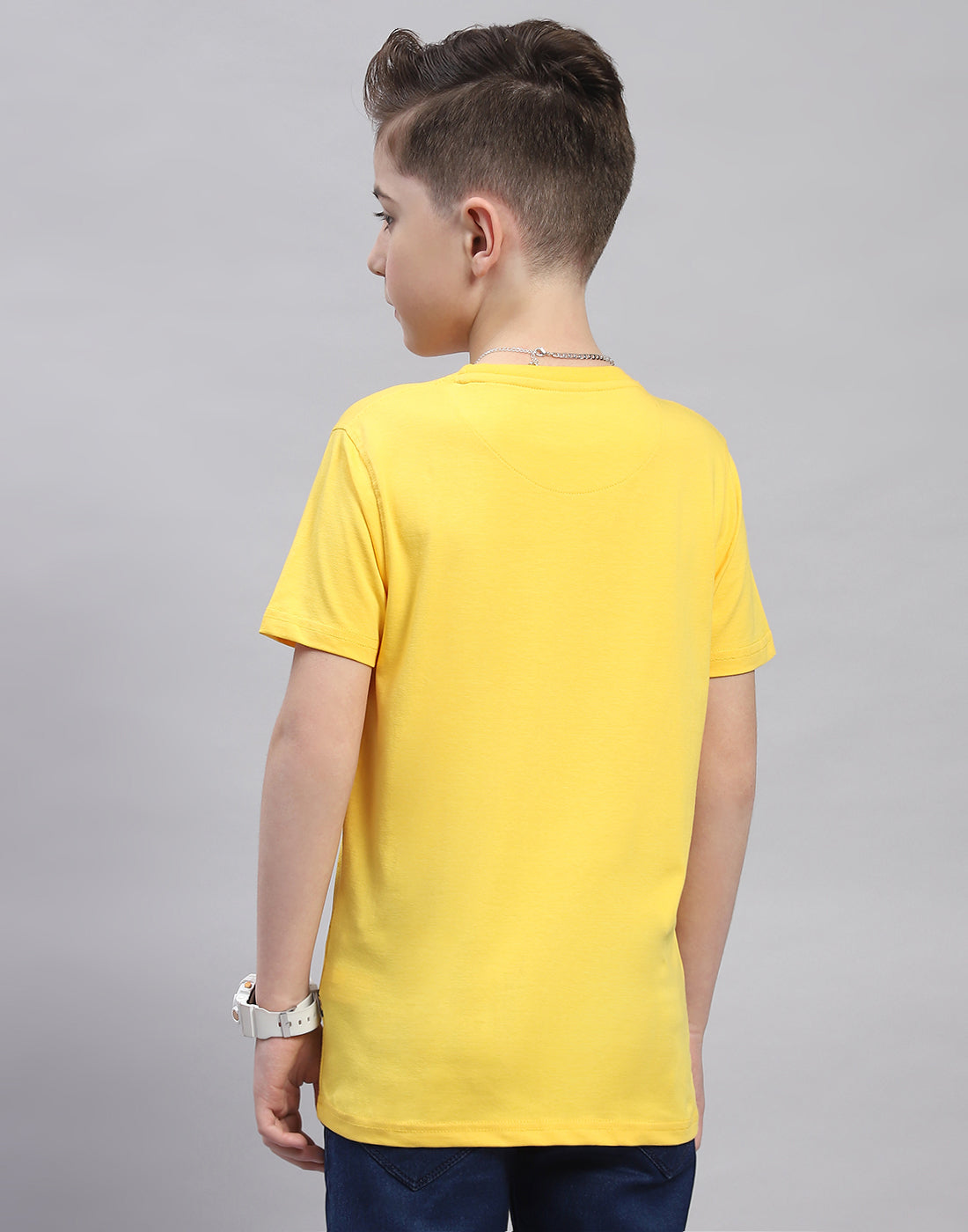 Boys Yellow Printed Round Neck Half Sleeve T-Shirt
