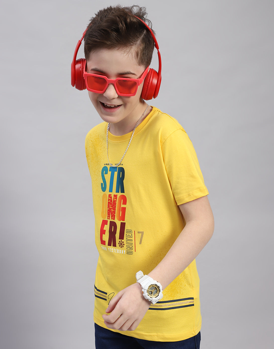Boys Yellow Printed Round Neck Half Sleeve T-Shirt