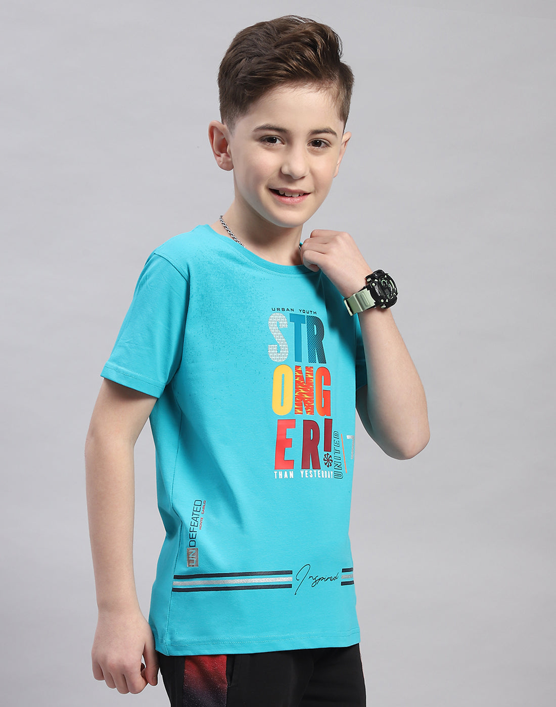 Boys Blue Printed Round Neck Half Sleeve T-Shirt
