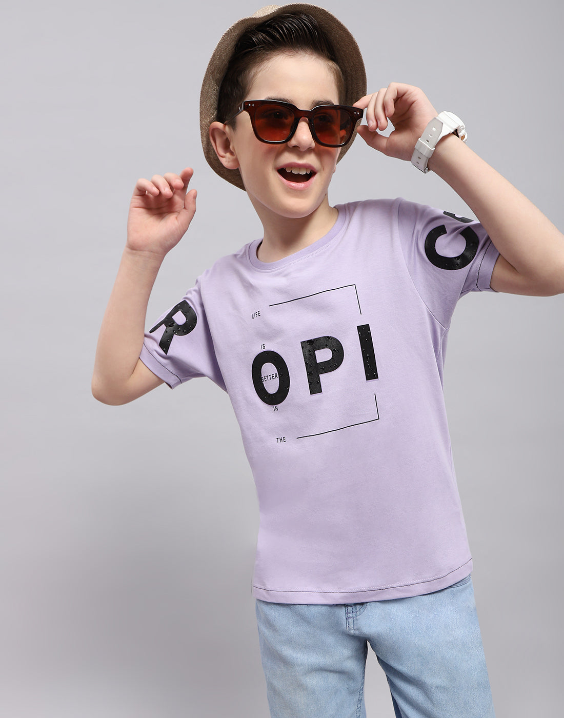 Boys Purple Printed Round Neck Half Sleeve T-Shirt