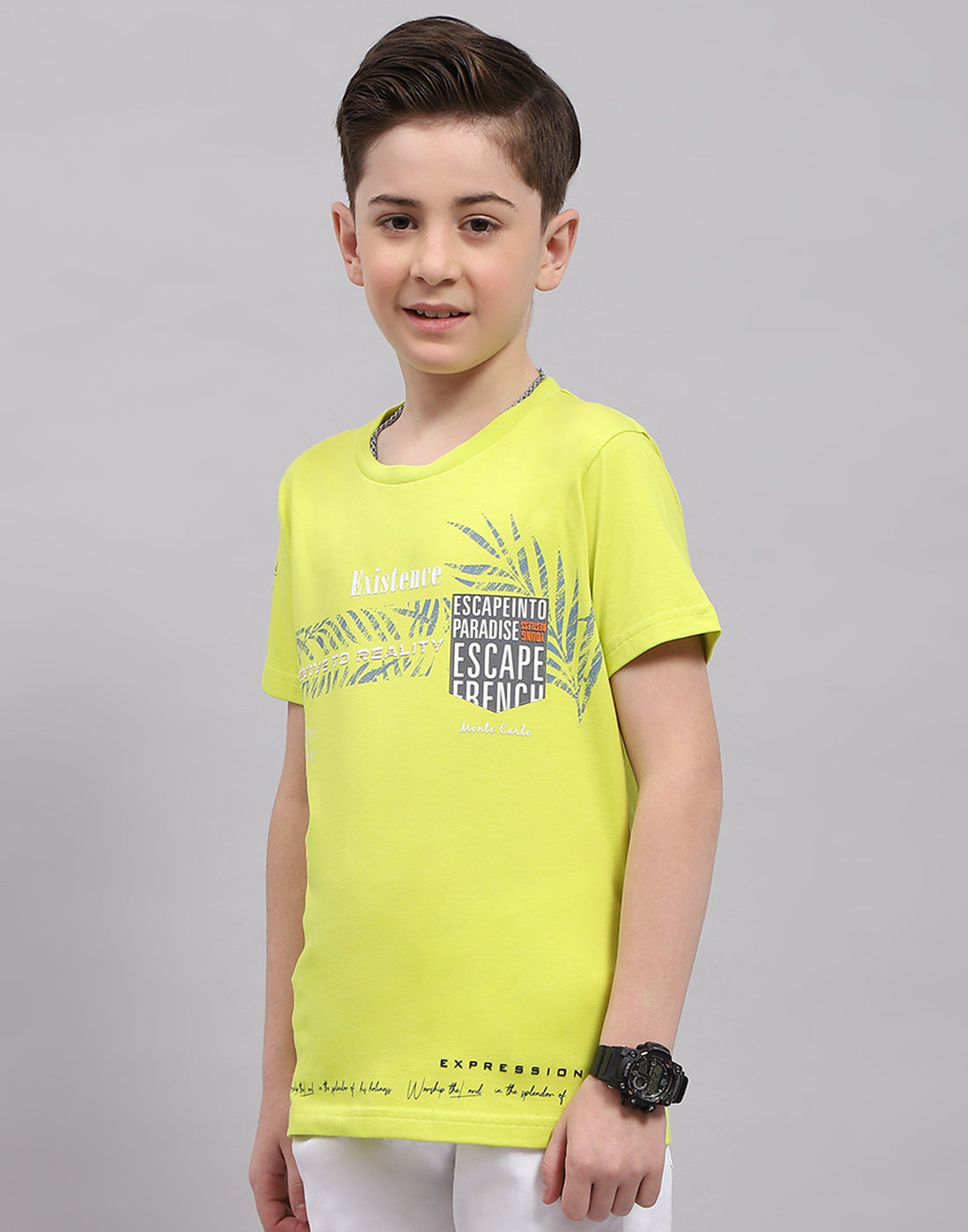 Boys Lime Green Printed Round Neck Half Sleeve T-Shirt