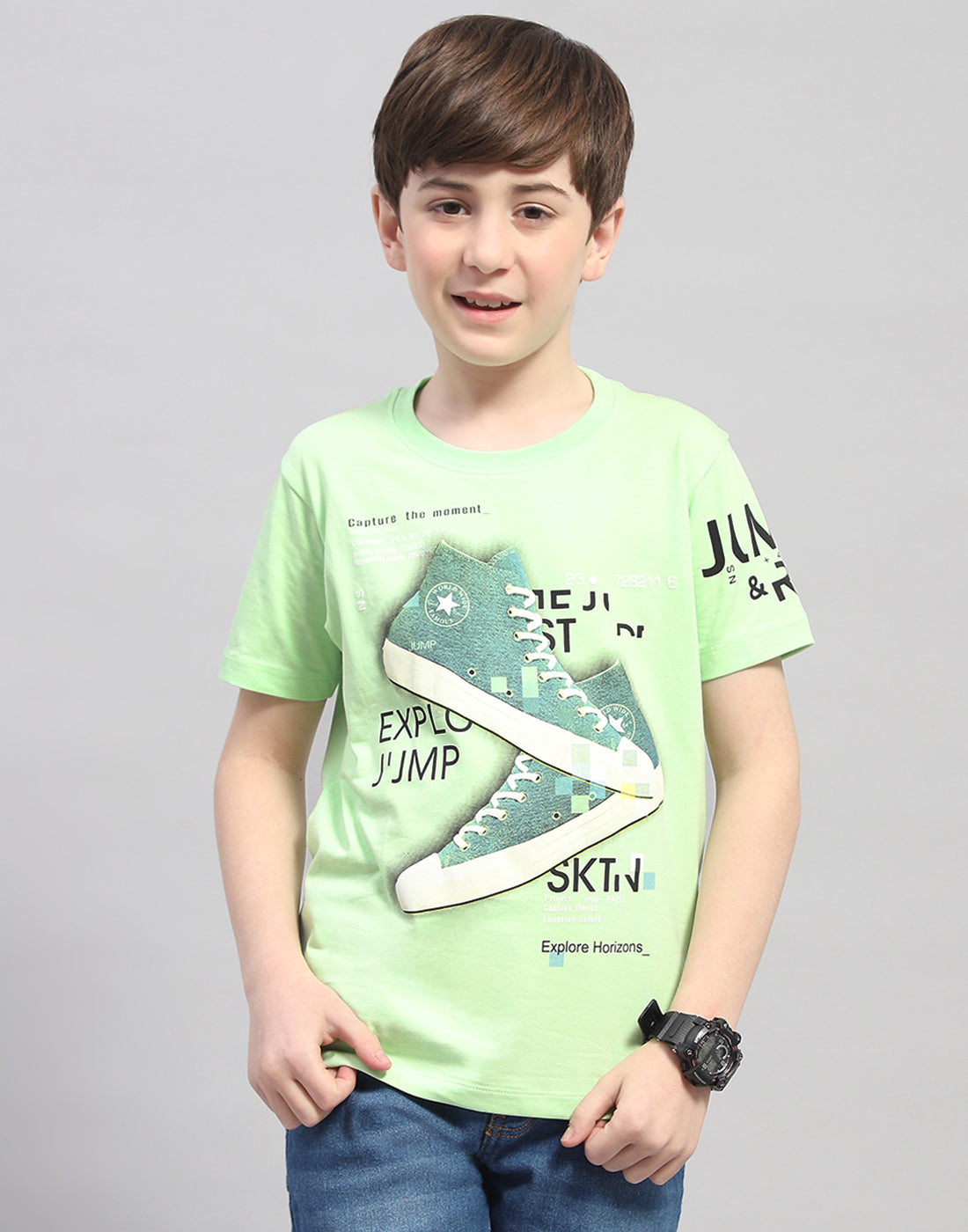 Boys Green Printed Round Neck Half Sleeve T-Shirt